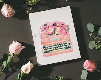 Floral Inspirational Quote Print Watercolor Flowers Motivational Wall Art Writer Home Decor Digital Download Printable Pink Typewriter Write