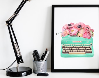 Floral Inspirational Quote Print Watercolor Flowers Motivational Wall Art Writer Home Decor Digital Download Printable Mint Typewriter Write