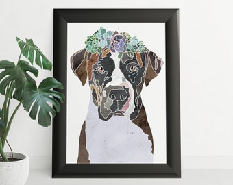 Pitbull Dog Lover Gift Pet Portrait Flower Crown Watercolor Poster Digital Download Wall Art Printable Home Decor Downloadable Prints