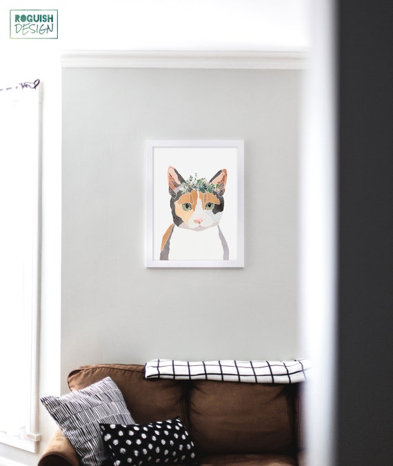 Cat Pet Portrait Flower Crown Watercolor Wall Art Poster Digital Download Gift for Her Cat Lover Gift Printable Home Decor Dorm Wall Hanging