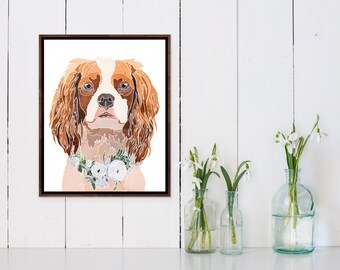 キャバリア キング チャールズ スパニエル 犬好きへのギフト 花冠 水彩画ポスター デジタルダウンロード ウォールアート 印刷可能 ダウンロード可能なペットの肖像画
