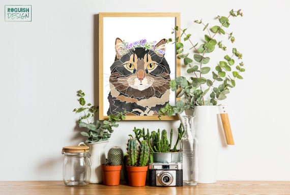 Cat Pet Portrait Flower Crown Watercolor Wall Art Poster Digital Download Gift for Her Cat Lover Gift Printable Home Decor Dorm Wall Hanging