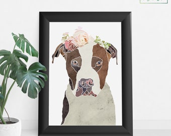 Pitbull Dog Flower Crown Watercolor Poster Digital Download Wall Art Printable Pet Portrait Dog Lover Gift Home Decor Downloadable Prints