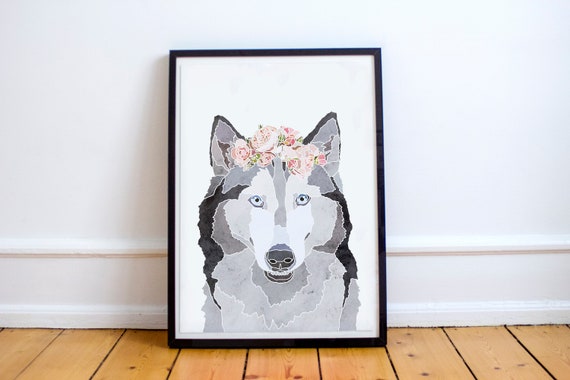 Husky Lover Flower Crown Watercolor Digital Download Wall Art Printable Pet Portrait Dog Lover Gift for Her Home Decor Downloadable Prints
