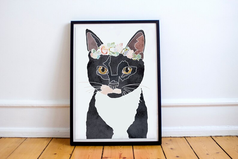 Cat Pet Portrait Flower Crown Watercolor Wall Art Poster Digital Download Gift for Her Cat Lover Gift Printable Home Decor Dorm Wall Hanging