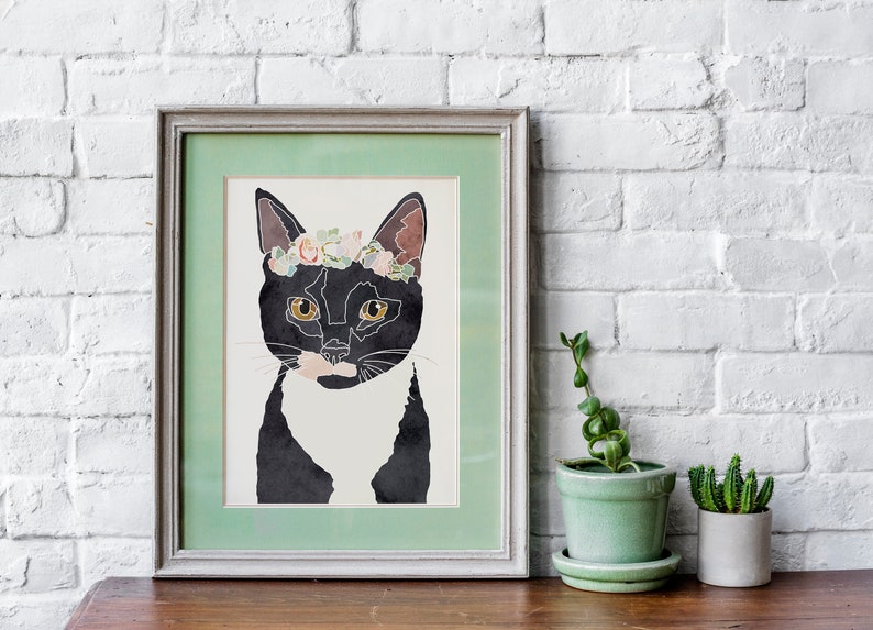 Cat Pet Portrait Flower Crown Watercolor Wall Art Poster Digital Download Gift for Her Cat Lover Gift Printable Home Decor Dorm Wall Hanging