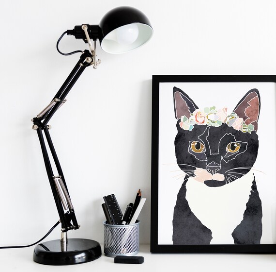 Cat Pet Portrait Flower Crown Watercolor Wall Art Poster Digital Download Gift for Her Cat Lover Gift Printable Home Decor Dorm Wall Hanging