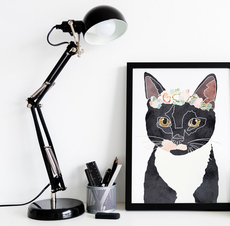 Cat Pet Portrait Flower Crown Watercolor Wall Art Poster Digital Download Gift for Her Cat Lover Gift Printable Home Decor Dorm Wall Hanging