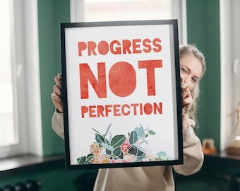 Floral Inspirational Quote Print Watercolor Flowers Motivational Wall Art Home Decor Digital Download Printable Progress Not Perfection
