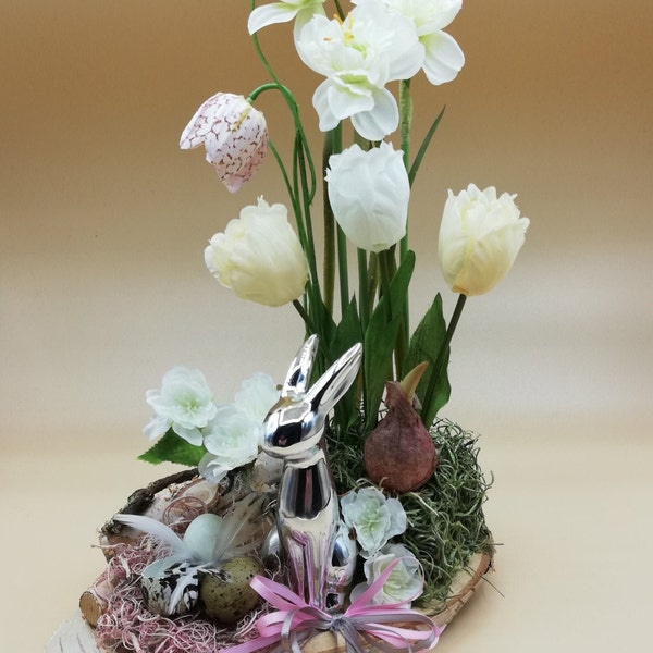 Ostergesteck Tischgesteck Frühling mit Kunstblumen und Naturmaterialien incl. 12 Deko- Wachteleier zur Osterdekoration