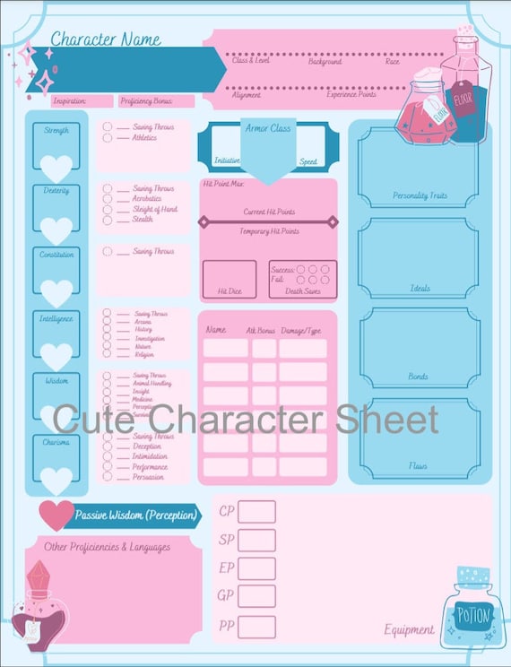 Cute Cotton Candy Dungeons & Dragons Character Sheet Downloadable Fillable  PDF Document 