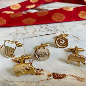 Desi Men&#39;s T-Bar Cufflinks, Chai Cup, Masala Dabba, Rickshaw, Elephants, Indian Chakra, Mangoes, Jalebi.