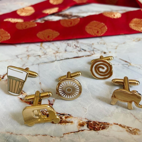 Desi Men's T-Bar Cufflinks, Chai Cup, Masala Dabba, Rickshaw, Elephants, Indian Chakra, Mangoes, Jalebi.