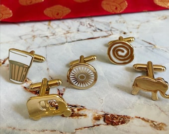 Desi Men's T-Bar Cufflinks, Chai Cup, Masala Dabba, Rickshaw, Elephants, Indian Chakra, Mangoes, Jalebi.
