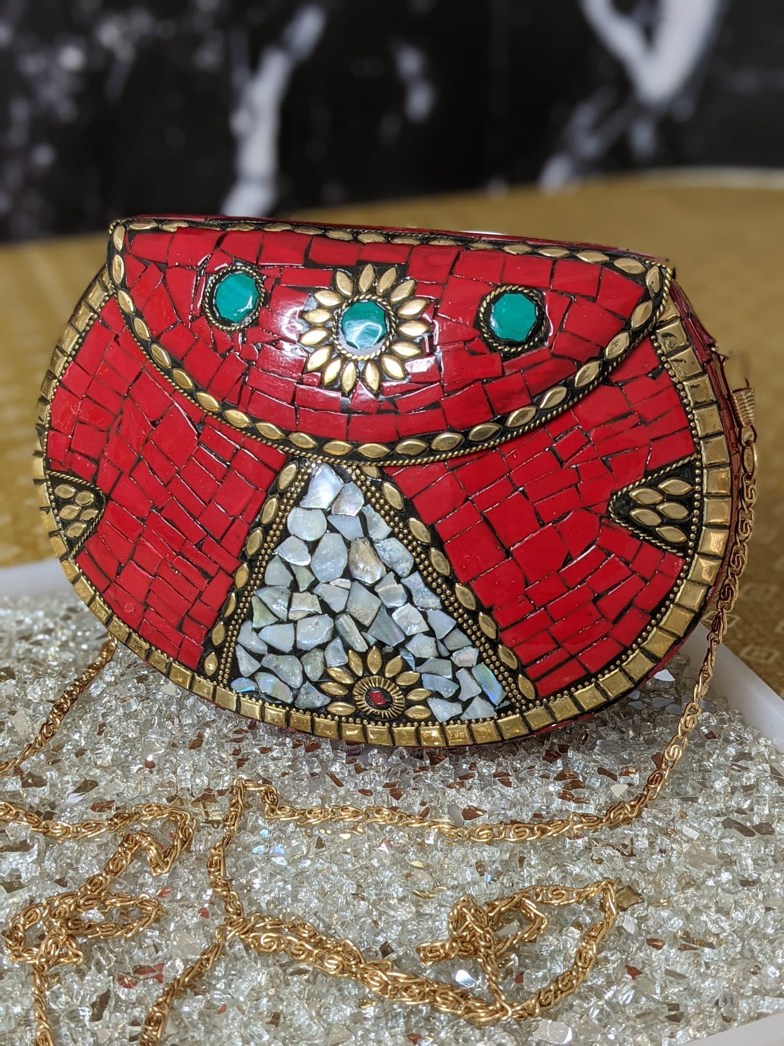 Mosaic Mantra Beaded Clutch bag-Aqua/gold
