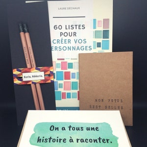 Pack cadeau auteur : livre 60 listes + 1 carnet A6 au choix + 2 crayons + 1 carte - Cadeau pour écrivain - Coffret cadeau autrice