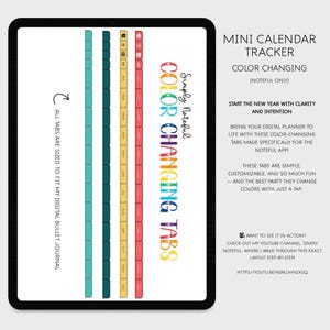 Puede incluir: Una pantalla de tableta muestra un planificador digital con pestañas que cambian de color para un mini rastreador de calendario. Las pestañas son de varios colores, incluyendo turquesa, verde, amarillo, rojo y naranja. El texto dice "Simply Noteful" y "Color Changing Tabs."