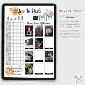Puede incluir: Un planificador digital en una pantalla de tableta, titulado "Year in Pixels". Presenta un rastreador de estado de ánimo, secciones de fotos mensuales y el texto "Comienza el nuevo año con claridad e intención". El diseño incluye ilustraciones florales y de calabazas.