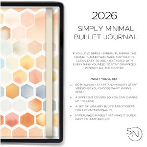 Puede incluir: Una agenda digital para 2026 con un diseño de hexágonos en acuarela en tonos naranja, melocotón, azul y amarillo. El texto dice "SIMPLY MINIMAL BULLET JOURNAL". Incluye versiones de inicio en domingo y lunes, múltiples portadas y pegatinas de pestañas.