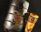 Antique Japanese INRO NETSUKE Makie Ojime Miniature sculptures lacquer Pill box Wood Horn Meiji era