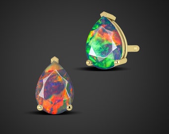 Natural Black multi fire opal stud earrings, pear opal earrings, October birthstone, minmalist opal earrings, 925 Sterling Silver earrings