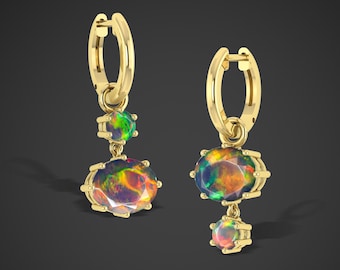 Natural Black Opal Earrings, Opal Drop Earrings, Minimalist Earrings, Fire Opal Earrings, Black Opal Jewelry, gold plated opal earrings