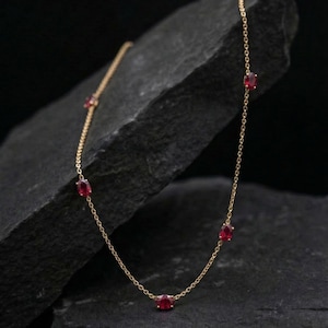 Ruby Station Necklace Gold, Dainty Genuine Ruby Necklace, July Birthstone Jewelry, Minimalist Layering Necklace Gift for Her
