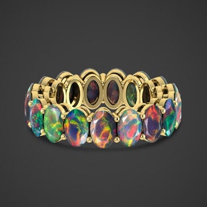 Natuurlijke lavendel en zwarte vuuropaal ringband, geboortesteen oktober, 14K massief geelgouden ring, zwarte vuuropaalband, vintage opaalringband
