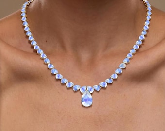 Dainty Moonstone Tennis Necklace, Handmade Gemstone Jewelry, June Birthstone Necklace, Wedding Gift, Birthday Gift for Her, Pear Cut