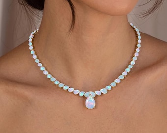 Natural White Opal Tennis Necklace, Handmade Gemstone Jewelry, Opal Jewelry, Birthstone Necklace, Gold Jewelry, Gift for Her