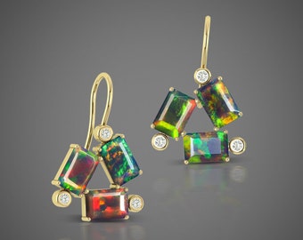 Natural Black Opal Earrings, Dangle Earrings, Gold Earrings, October Birthstone Opal Jewelry, Unique Fire Opal Earrings For Women, Gift her