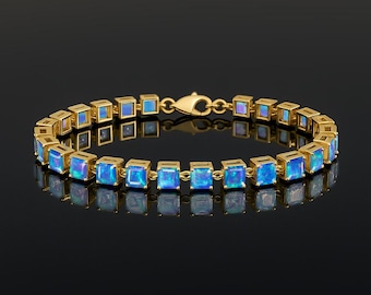 Genuine Blue Fire Opal Octagon Stone Tennis Bracelet, Natural Opal Gemstone Silver Bracelet, Handmade Opal Bracelet, Birthstone Jewelry Gift