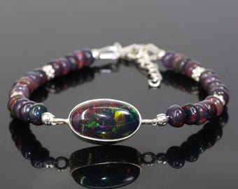 Fire Black Opal Gemstone Silver Charm Bracelet, Multifire Black Opal Beaded Bracelet, Opal Birthstone Jewelry, Delicate Bracelet Gift