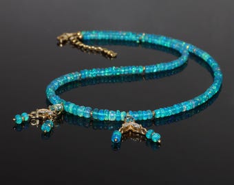 Paraiba Opal Necklace with Aquamarine Drop, Minimal Beaded Jewelry, Modern Gemstone Gift for Women