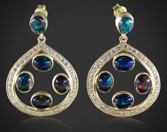 Black oval opal earrings, Dangle and stud earrings, fire opal earrings, Art Deco Jewelry, October birthstone, 925 Sterling silver earrings