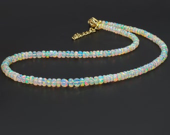 Natural Ethiopian Opal Beads Necklace, White Opal Jewelry, Rainbow fire Opal Gemstone Necklace for Women, Opal Beaded Jewelry, Birthday Gift