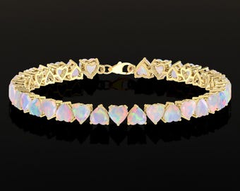 White Ethiopian Opal Heart Tennis Bracelet Gold Filled – October Birthstone Jewelry, Romantic Anniversary, Wedding or Valentine Gift for Her