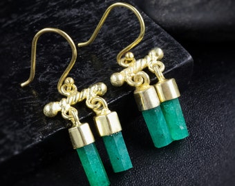 Natural Emerald dangle earrings for women, Gold earrings, May Birthstone, Emerald pencil earrings, AAA Emerald earrings, Gift for her