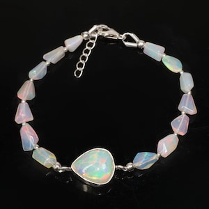 AAA Opal Pear Gemstone Silver Charm Bracelet, Natural Opal Nugget Beaded Bracelet, October Birthstone Jewelry, 925 Silver Bracelet for Her