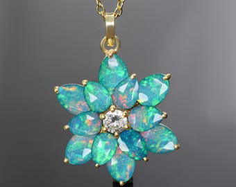 Fire Green Opal Big Size Pendant Necklace for Her, Green Opal Gemstone Floral Pendant, Opal Handmade Jewelry, Birthstone Jewelry Gift