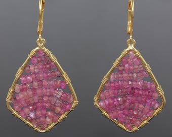 Genuine Pink Ruby Gemstone Beads Earrings, Gold Wire Wrapped Ruby Bead, Birthstone Dangle Earrings, Ruby Handmade Jewelry, July Birthstone