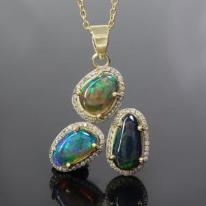 Fire Black Opal Three Gemstone Charm Necklace, AAA Grade Fire Opal Charm Pendant for Women, Ethiopian Opal Stone, October Birthstone Jewelry