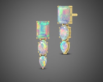 Top rare Multi fire natural opal Stud Gold Earrings, Earrings for women, Natural opal Earrings for her, Multi shape Ethiopian opal Earrings