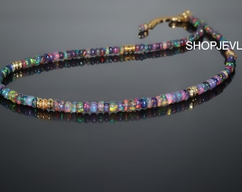 AAA Black Ethiopian Opal Beads Sterling Silver Beaded Necklace, Black Ethiopian Fire Opal Beaded Silver Necklace, Opal Necklace, AAA Opal