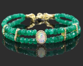 Pulsera de encanto de esmeralda y ópalo natural, pulsera de doble hebra esmeralda facetada, pulsera con cuentas de esmeralda verde, regalo de piedra de nacimiento para ella