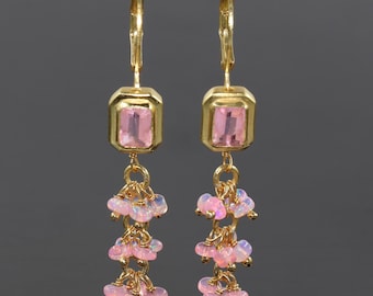 Pink Opal Beaded Earrings | Gemstone Drop Earrings | Bridal Wedding Jewelry | Anniversary Gift for Her | Octagon Gemstone Jewelry