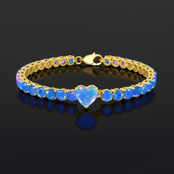 Genuine Blue Opal Heart Gemstone Tennis Bracelet, Natural Opal