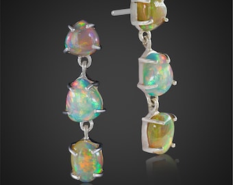 Ethiopian Opal Cabochon Earrings, Fire Opal Earring, Natural Opal Stud Earrings, Rainbow Fire opal Earring, October Birthstone, Opal Jewelry