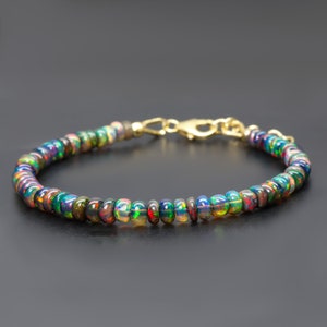 Natural Ethopian Black Opal Beaded Bracelet, Multi-Fire Black Opal bracelet, 925 Sterling Silver Bracelet, Opal Beads Jewelry, October Gift