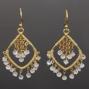 Rainbow Moonstone Beads Chandelier Earrings, Yellow Gold Wire Wrapped Bead Dangle Earrings, June Birthstone, Handmade Earrings, Gift for Her